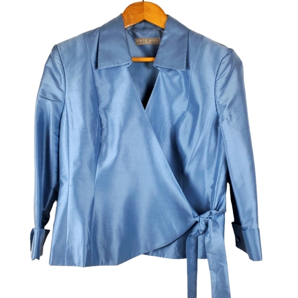 Vntg Kate Hall Silk Wrap Blouse. Blue. 10P - Picture 1 of 13